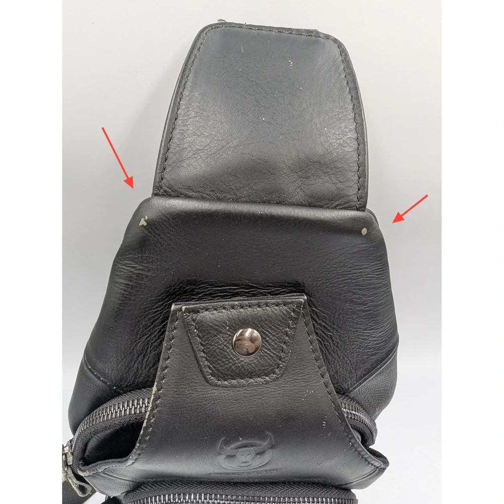 Bullcaptain Sling Bag Black Leather USB Charging Port Chest Pack Small